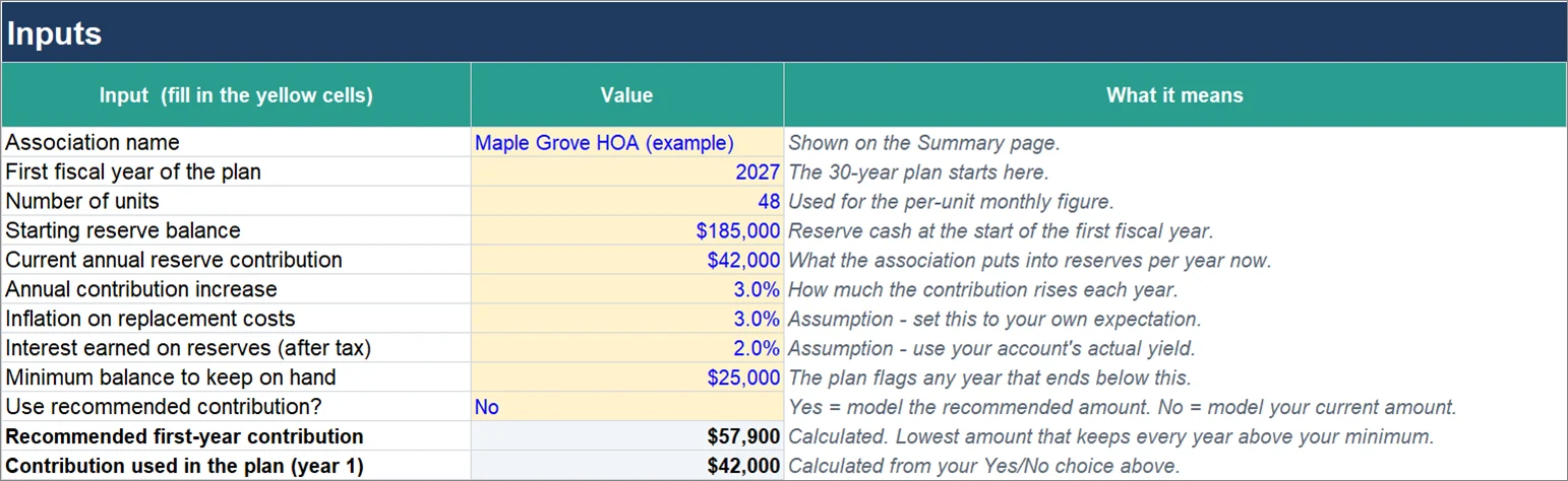 Inputs tab: ten yellow cells for association details, balances and rates, each with a plain explanation